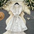 French romantic style heavy lace embroidery dress - women's summer short sleeve, cinched waist, hollow-out, slimming, elegant mini dress