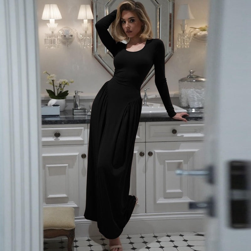 fashion style  fall and winter new arrivalpure color frenchelegancelong sleeves u-neck waist large swing dress wholesale