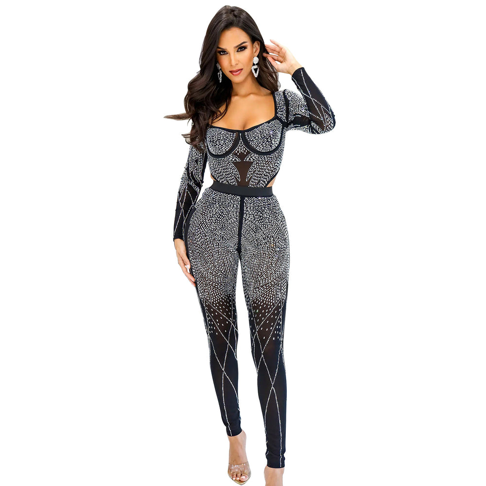 C6389 cross-border   fashion women's solid color mesh rhinestone long sleeve pants jumpsuit