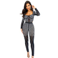 C6389 cross-border   fashion women's solid color mesh rhinestone long sleeve pants jumpsuit