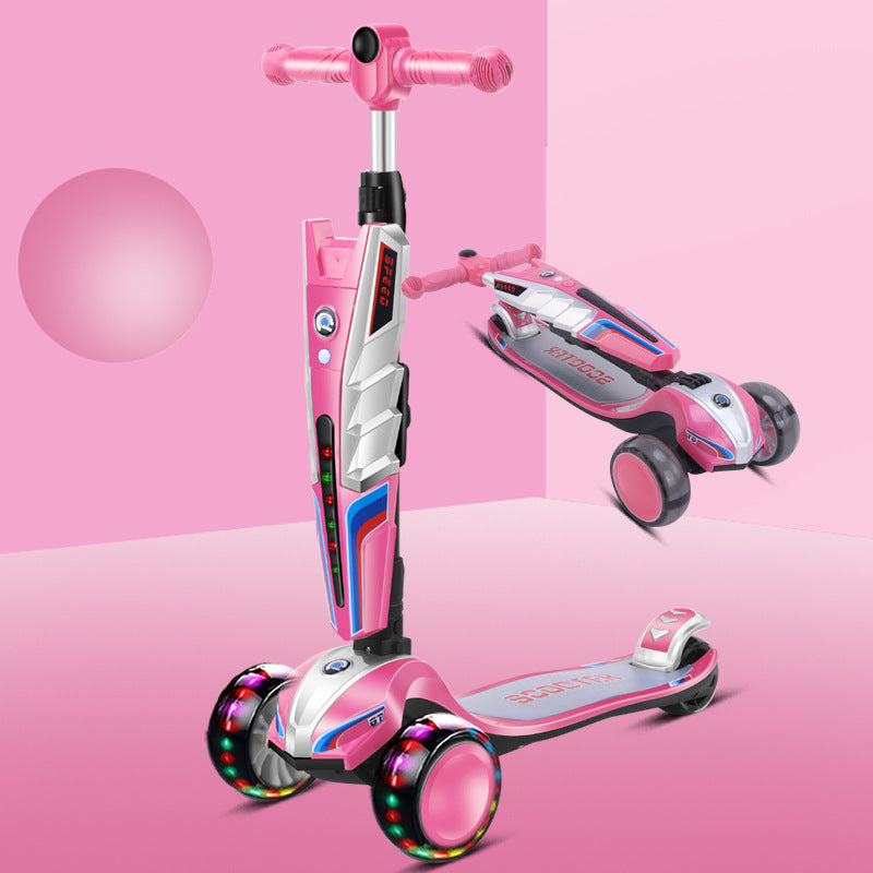 Children's four-wheel flash scooter, adjustable height 2-6 years old children's toy scooter one-click folding car