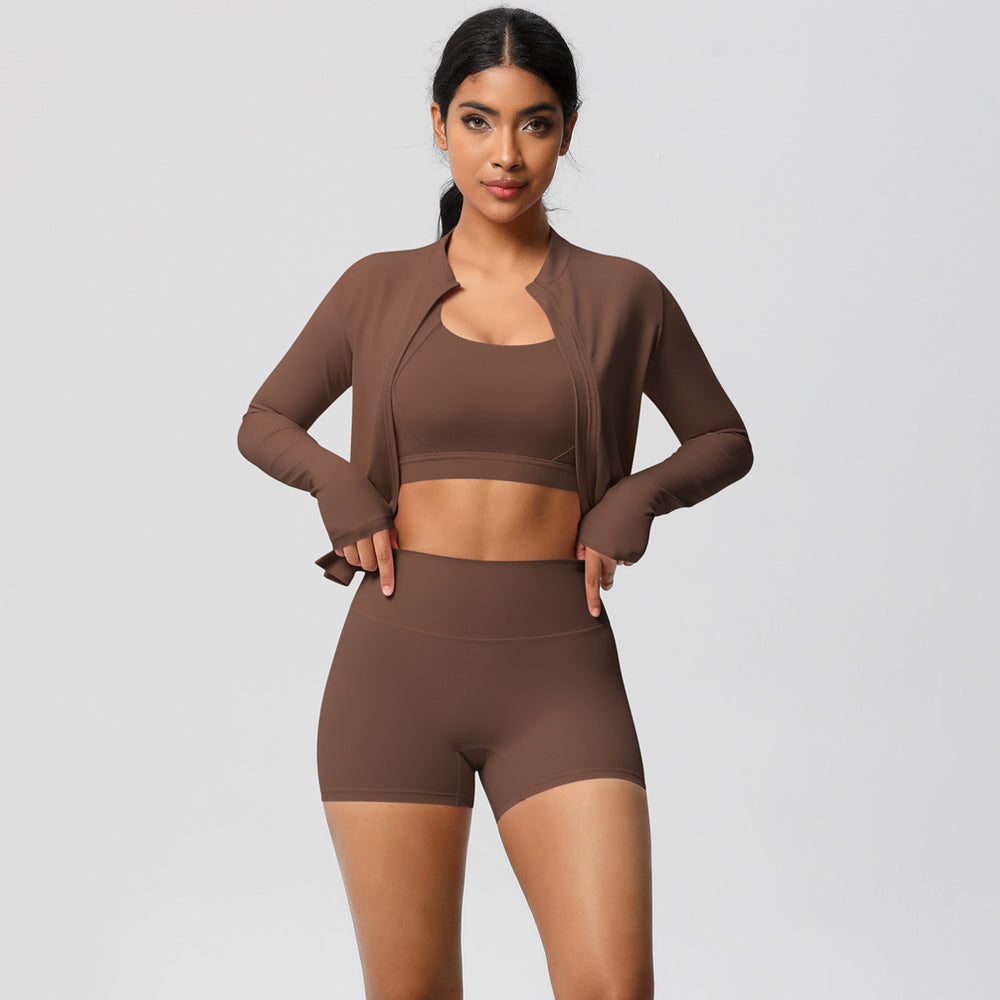 European and american solid color brushed fleece compression quick-dry yoga set - short length cloud-like outdoor running fitness activewear three-piece set