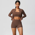 European and american solid color brushed fleece compression quick-dry yoga set - short length cloud-like outdoor running fitness activewear three-piece set