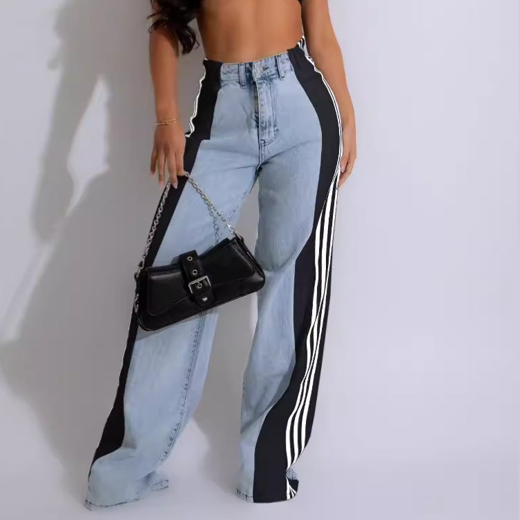 new european and american style fashion denim patchwork three-stripe wide-leg jeans casual stretch straight-leg trousers