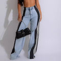 new european and american style fashion denim patchwork three-stripe wide-leg jeans casual stretch straight-leg trousers