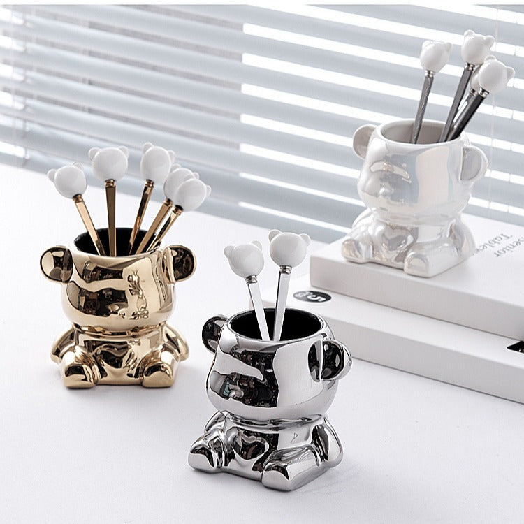 Ceramic bear stainless steel fruit fork set - stylish fruit picks, home use, light luxury forks and spoons, wholesale fruit forks
