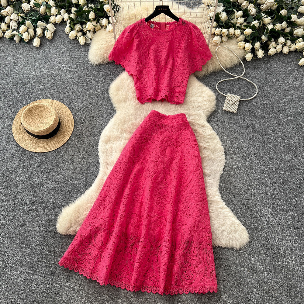 French chic lace two-piece set: elegant round neck short sleeve top & high-waisted midi skirt - perfect for summer