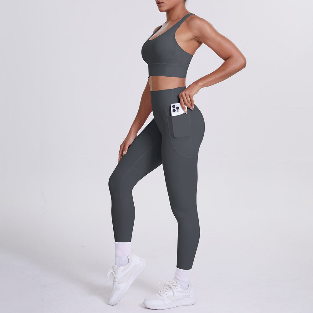 New arrival cross beautiful back cloud sense tight yoga suit suit women's high waist hip pocket sports fitness suit two-piece set