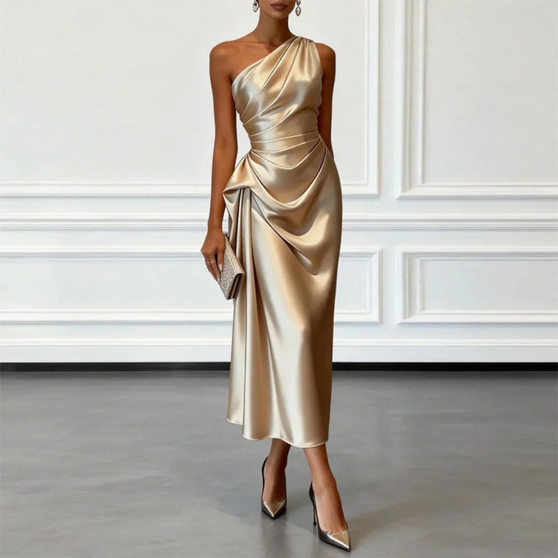european and american cross-border women's fashion: new high-end, light luxury, pleated, waist-cinching evening gown dress for women