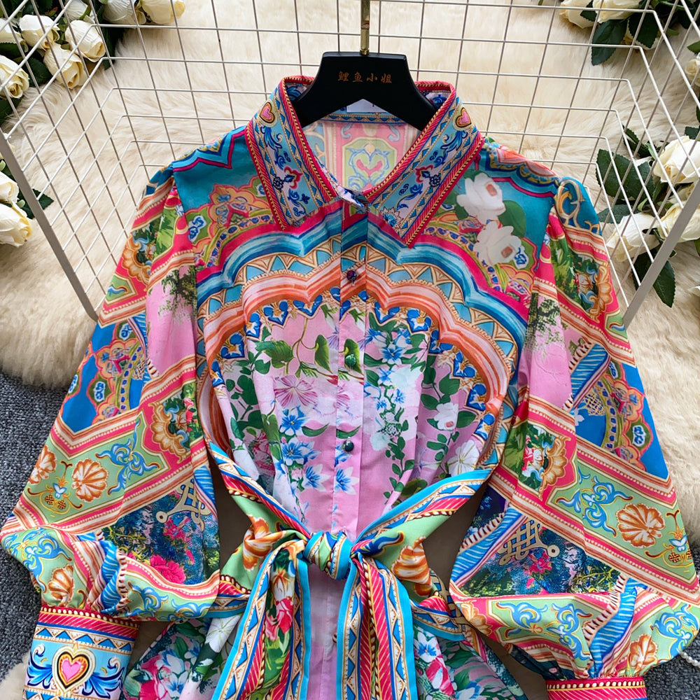 Bohemian print shirt collar tie-waist dress - women's summer korean style long sleeve a-line dress - vacation vibe