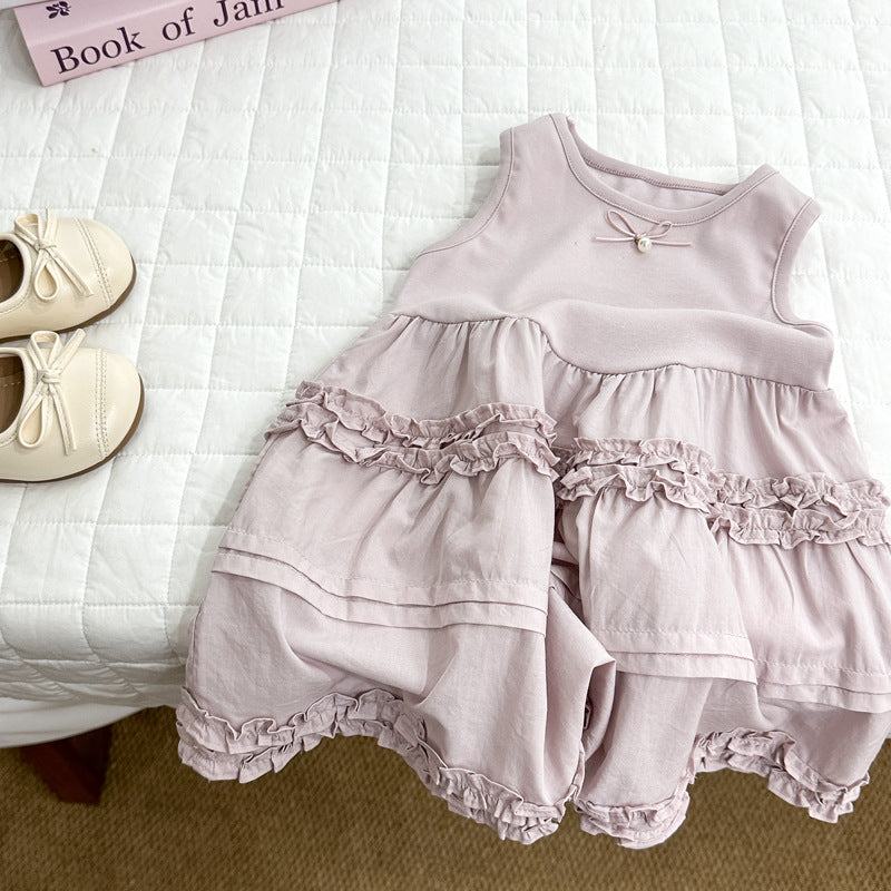 Girls'  new korean style summer dress - trendy cotton dress for kids, fashionable solid color skirt, sweet and stylish for girls