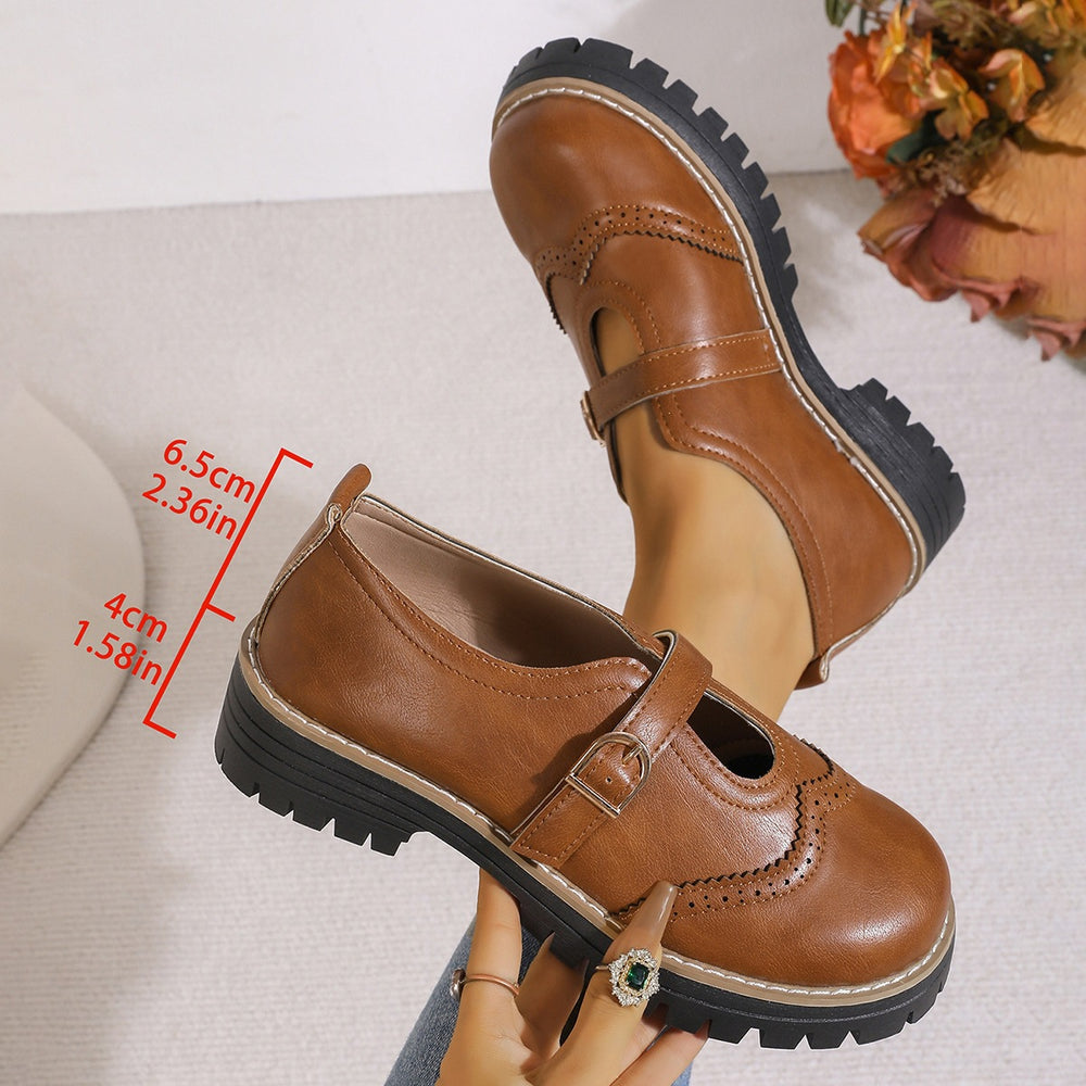 Exportplus size british style thick sole loafers for women  new belt buckle carved cut out small leather shoes wholesale