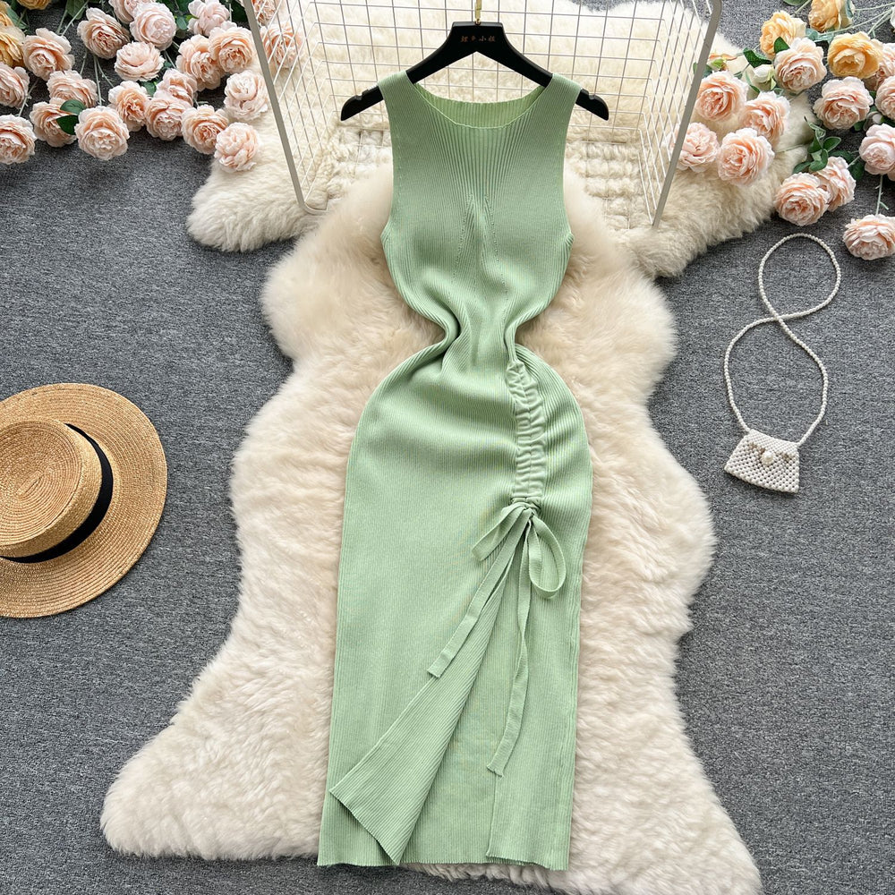 Sleeveless round neck knitting vest dress women's summernew arrival silmslimming lookelegant drawstring slit hip-hugging dress trendy