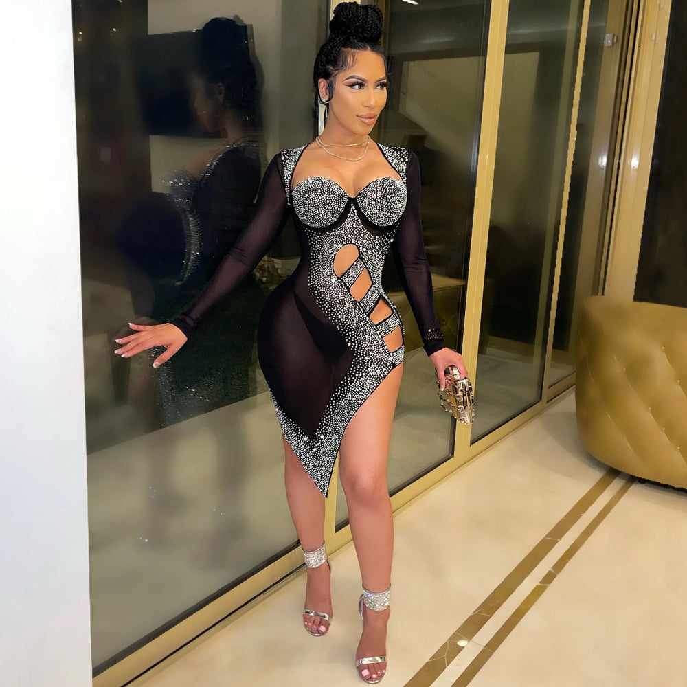 X5207 cross-border new arrival: european and american fashion women's sexy nightclub cutout slit mesh see-through rhinestone dress