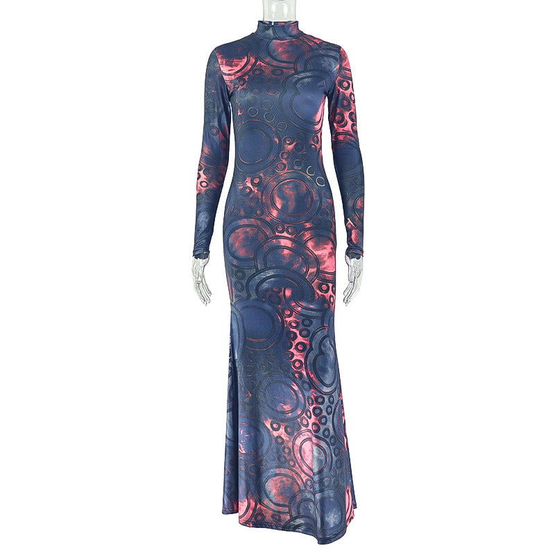 Fashion style cross-border charm printing women's clothing elegant color matching hip skirt sexy stand collar long sleeves waist trendy dress