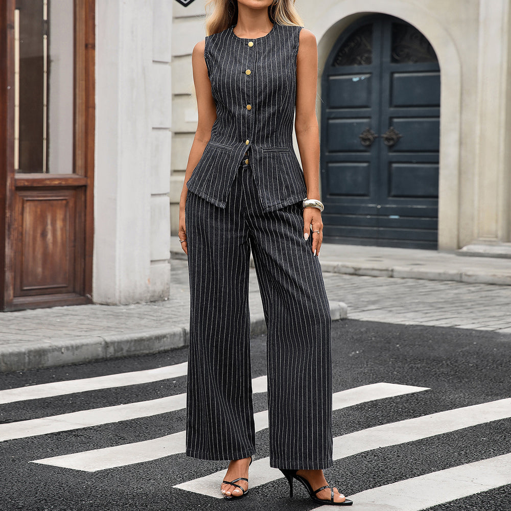 European and american cross-border e-commerce women's autumn new arrivals:  independent site washed casual striped sleeveless denim set