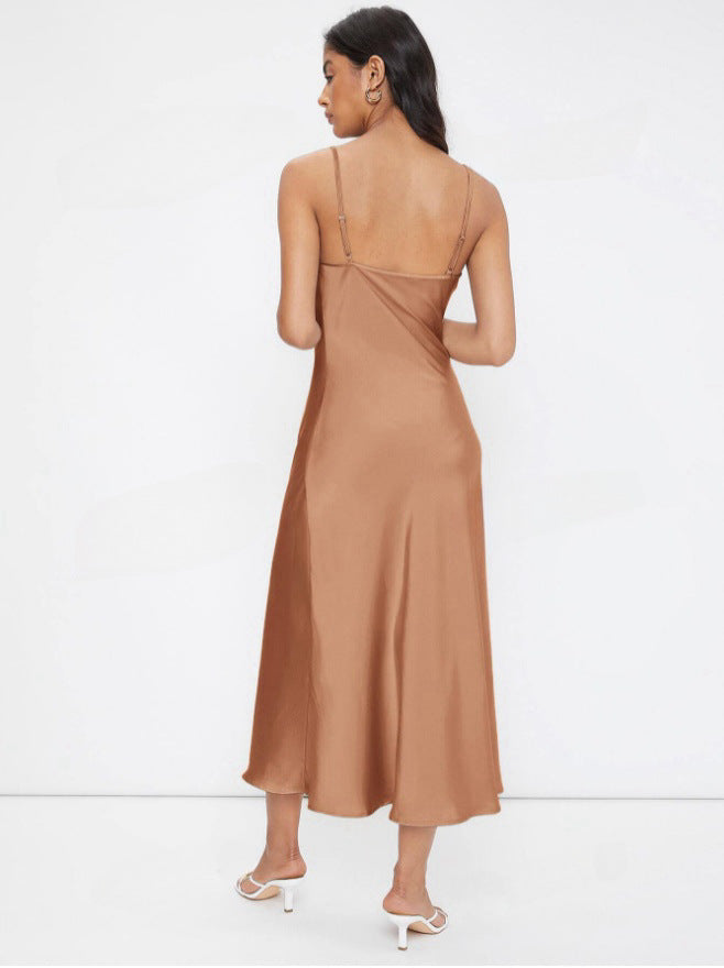 women's fashion: european and american  spring/summer new collection - satin cami dress with deep v-neck, slim fit, and solid color