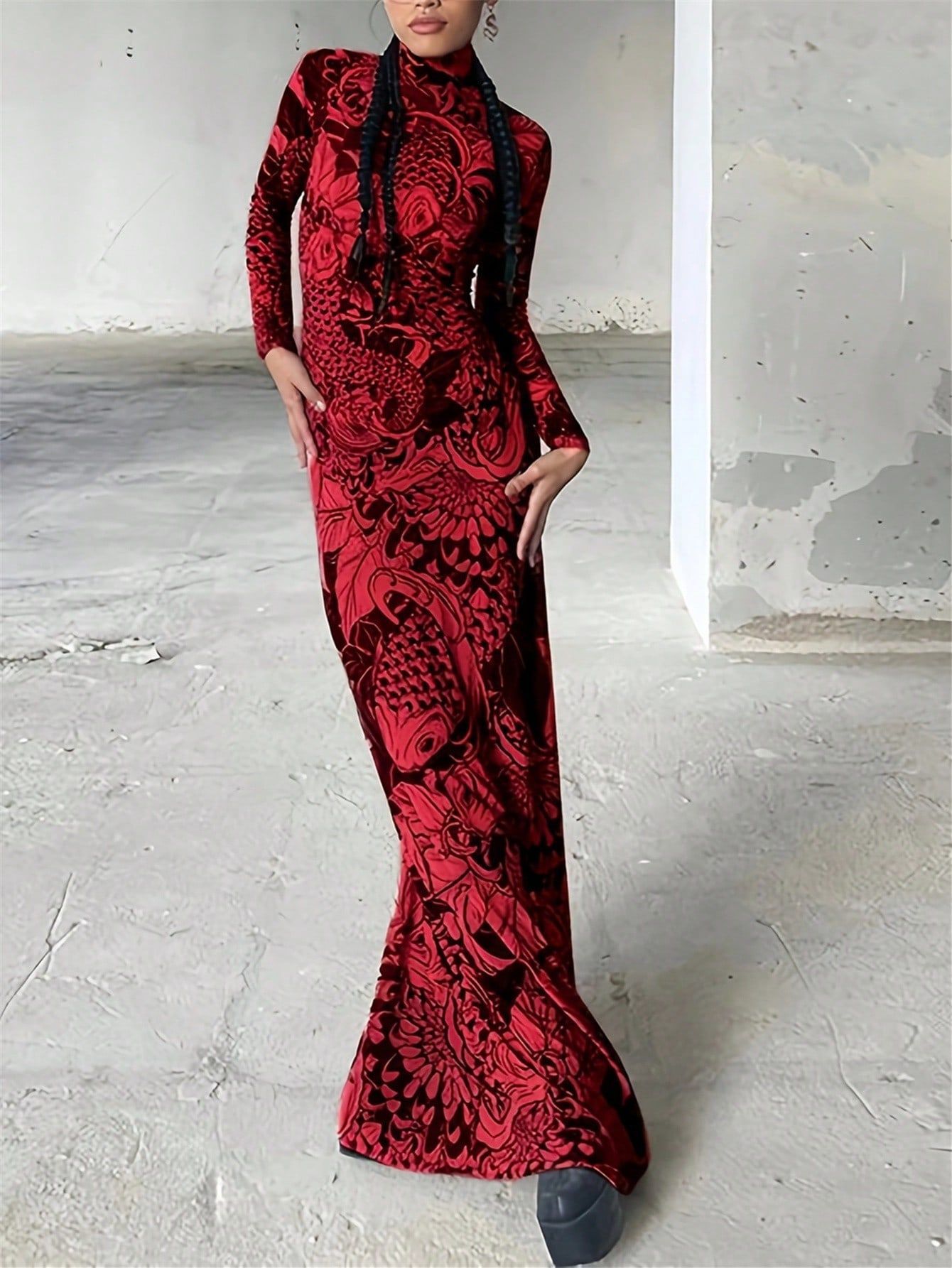 European and American  women's clothing 2023 autumn new fashion mesh printing perspective turtleneck slim and thin dress women