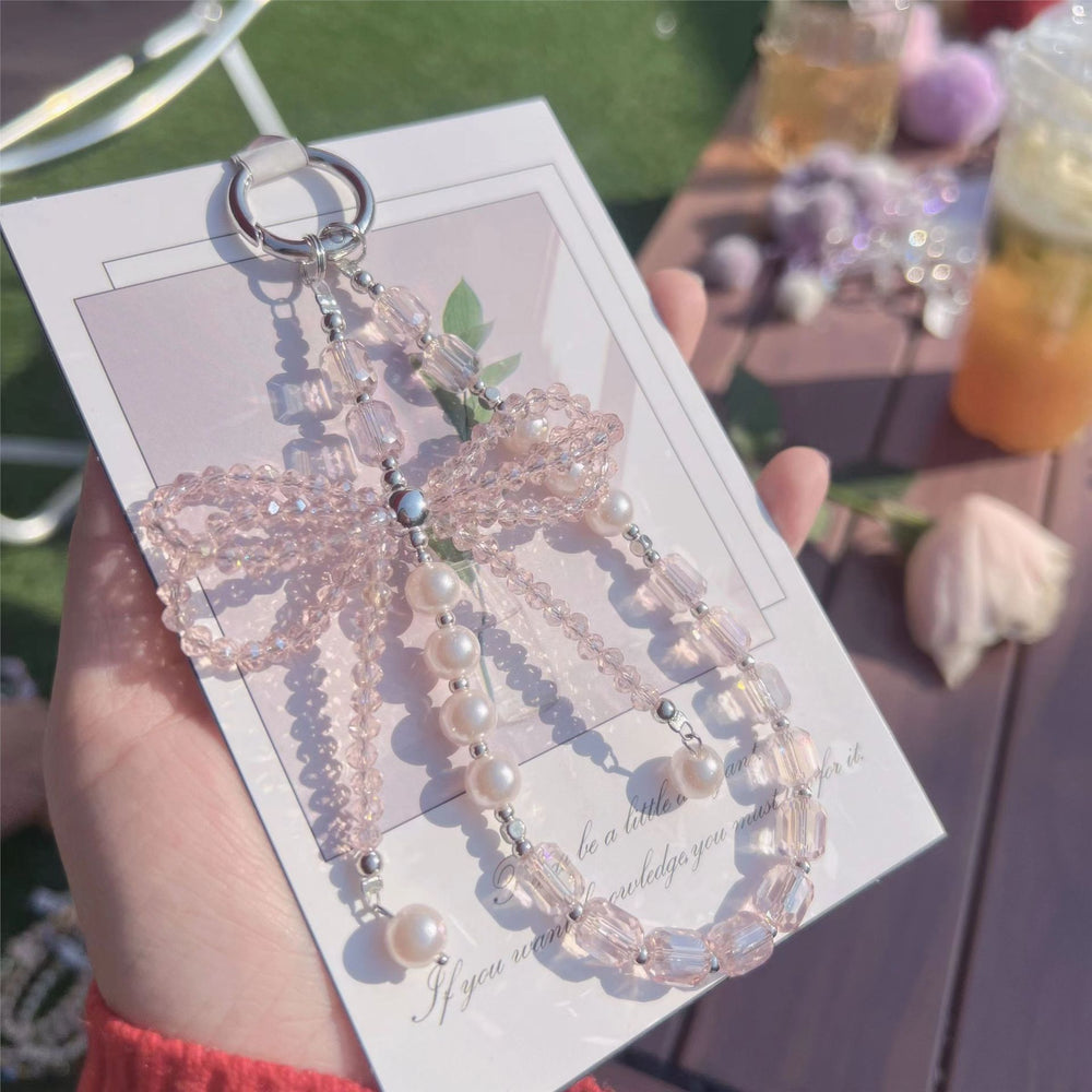 Luxury pearl bowknot phone charm - premium short 3d crystal wrist strap