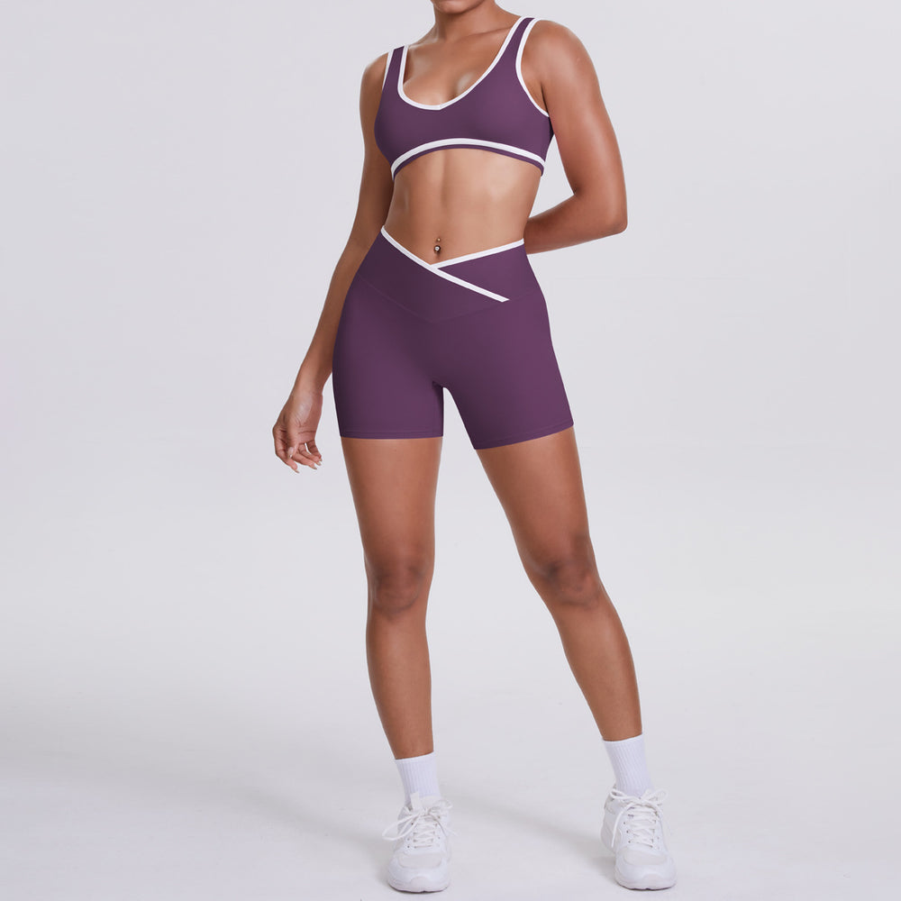 new arrival: double-sided brushed fleece color block compression yoga set - breathable, cross-back design, perfect for running and fitness (two-piece set)