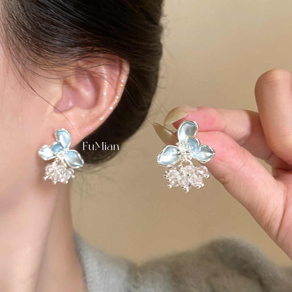 Fresh blue glazed flower crystal tassel stud earrings - exquisite, sophisticated, and stylish earrings for women, perfect for work or everyday wear
