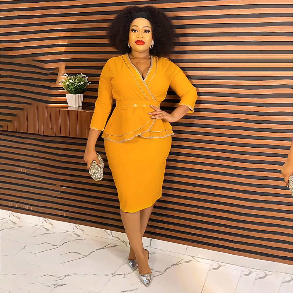 African women's plus size office lady commute chic rhinestone embellished tiktok  fashion professional style two-piece dress set