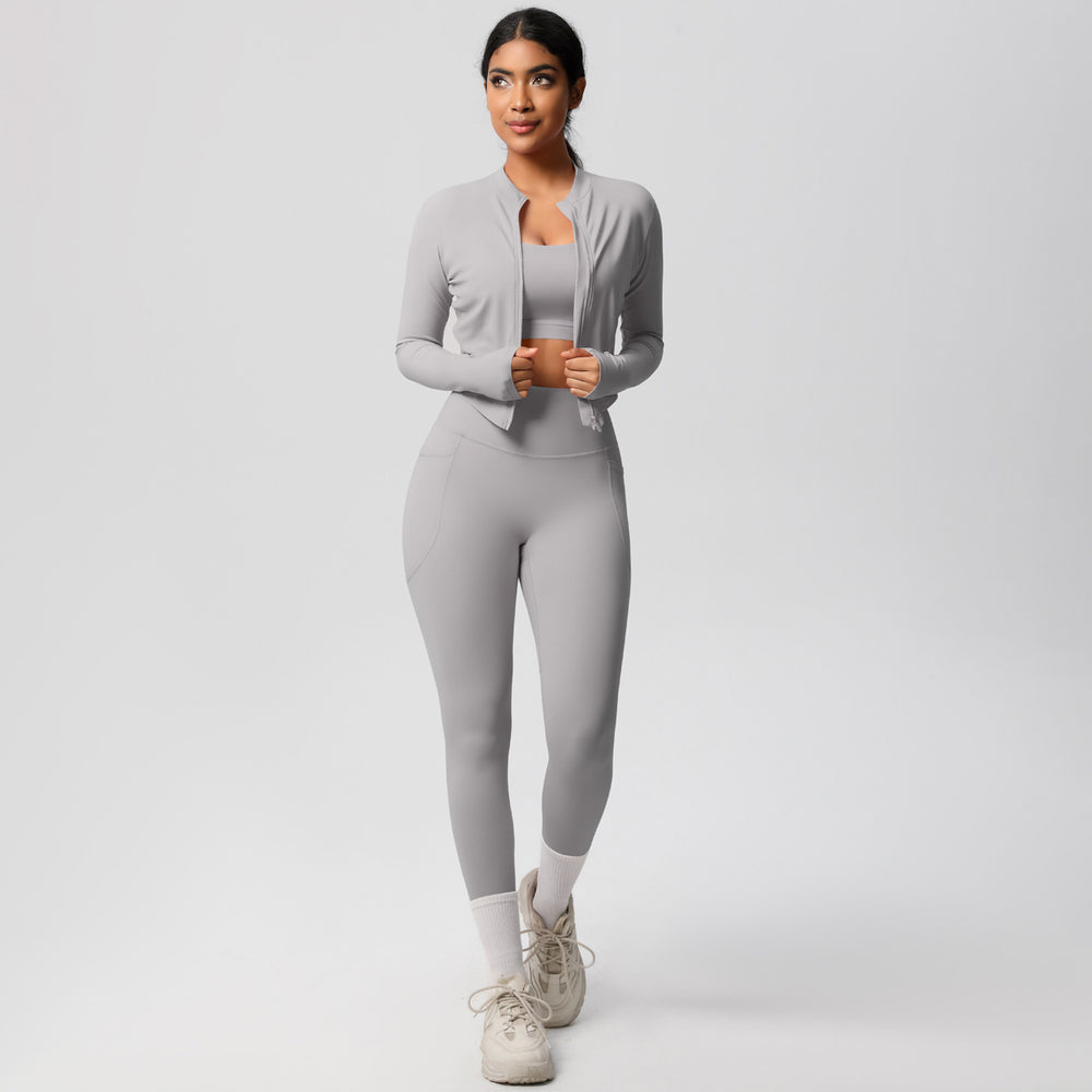 European and american new high-waisted tight-fitting pocket yoga outfit set - quick-dry brushed fabric, outdoor running fitness activewear three-piece set
