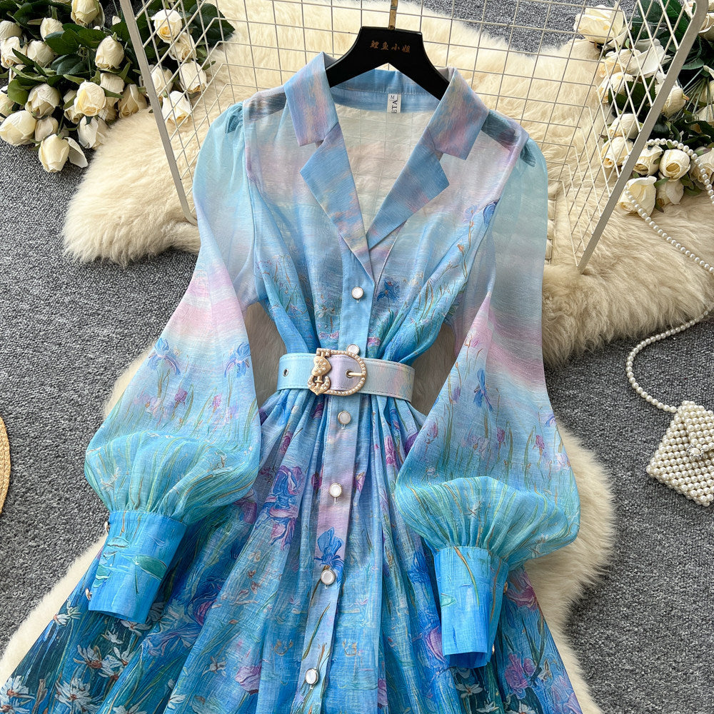 French romantic gradient print dress - women's summer long sleeve single-breasted cinched waist tie elegant maxi dress