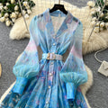 French romantic gradient print dress - women's summer long sleeve single-breasted cinched waist tie elegant maxi dress