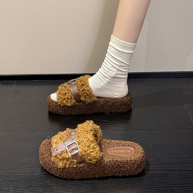 Teddy curl thick sole furry slippers outwear new arrivalfall and winter belt buckle home stuffed cotton slippers women's loafers