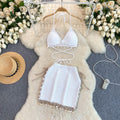 Beach vacation bikini set - women's versatile tassel halter top & knit midi skirt two-piece
