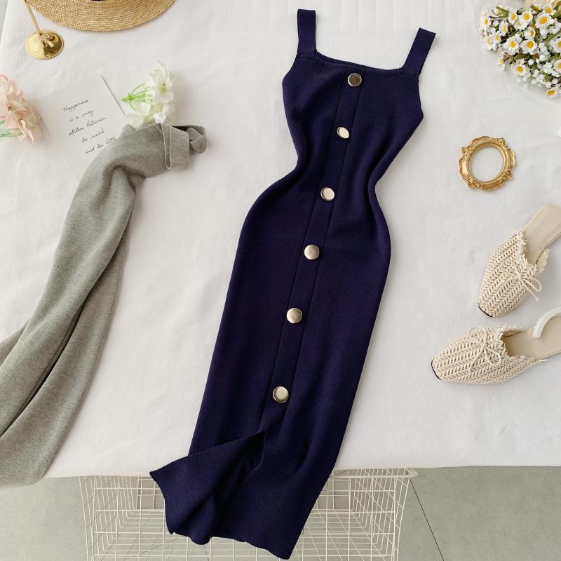 Knitted dress 2020 new summer style elegant square neck slim fit button-down sleeveless tank top slit midi dress