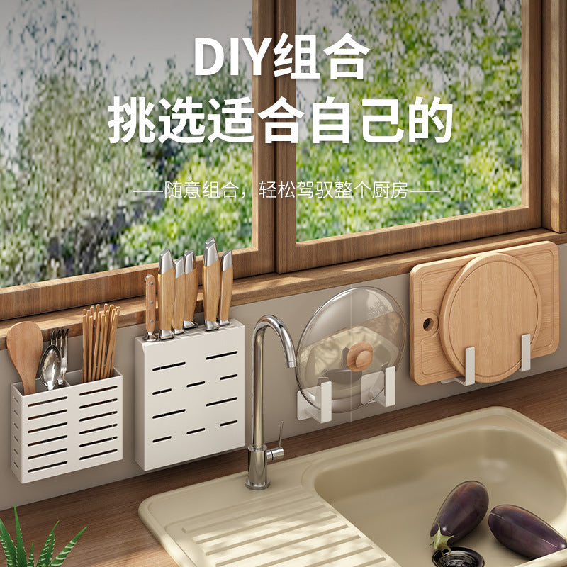 White Kitchen Shelf Wall Mounted No Punching Household Knife Holder Seasoning Cutting Board Cutting Board Storage Seasoning Shelf