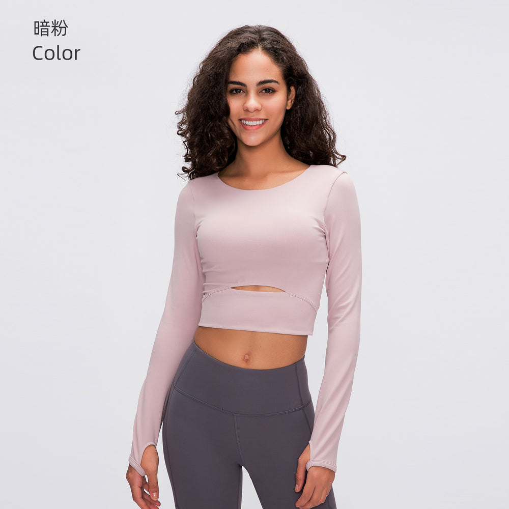 European and american new style padded sports long sleeve t-shirt, fashionable cropped fit, outdoor running slim yoga top for women s2032
