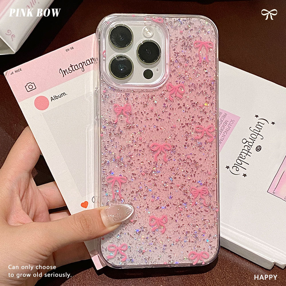 Center pink bow glue glitter suitable for iphone17promax mobile phone case apple 16 anti-fall protective cover