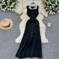 Frenchretrocontrast color lapel single breasted waist slimming lookelegant medium long sleeveless knittingdress women's autum