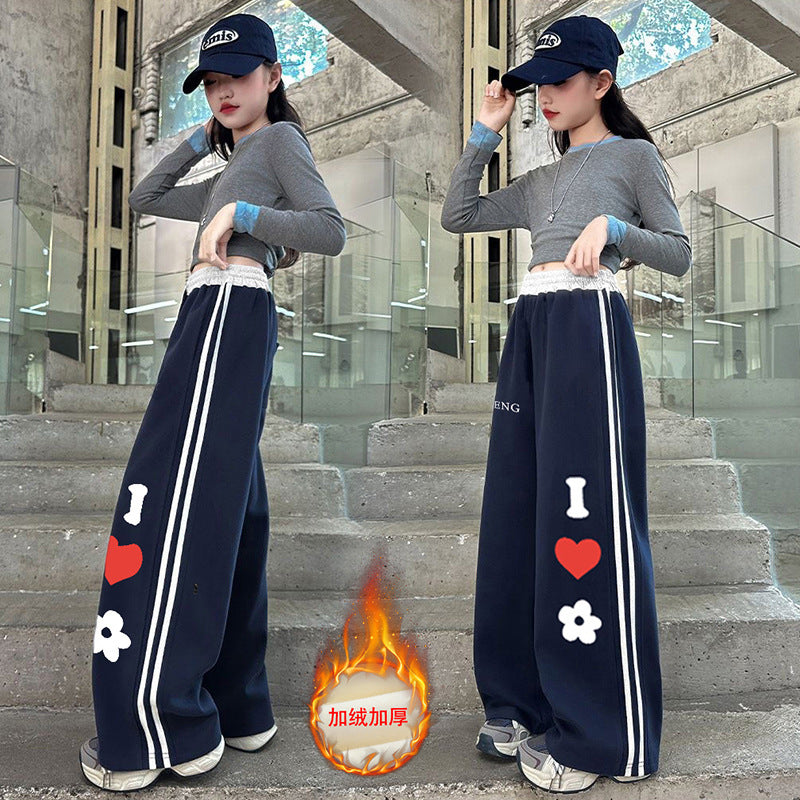 Girls'  fleece-lined casual autumn new arrivals: wide-leg pants for girls, heart-patterned sweatpants for students, loose-fit pants for mid-to-large children