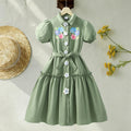Girls' dress for toddlers and big kids, butterfly knot waist, floral button short sleeve dress