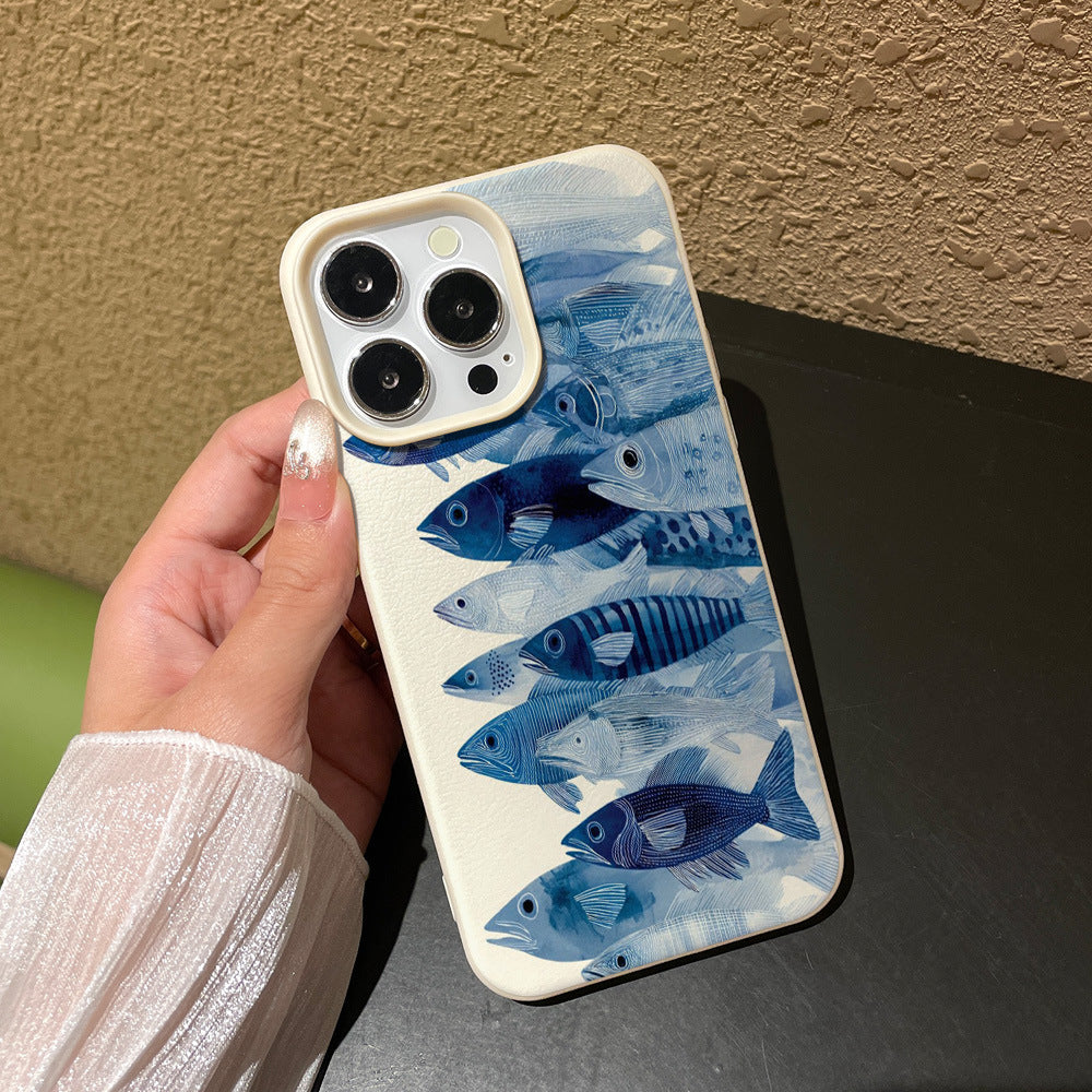 Azure blue fish school ocean style phone case for iphone 17 pro max, apple 16 full coverage drop-proof protective case, iphone 13 compatible
