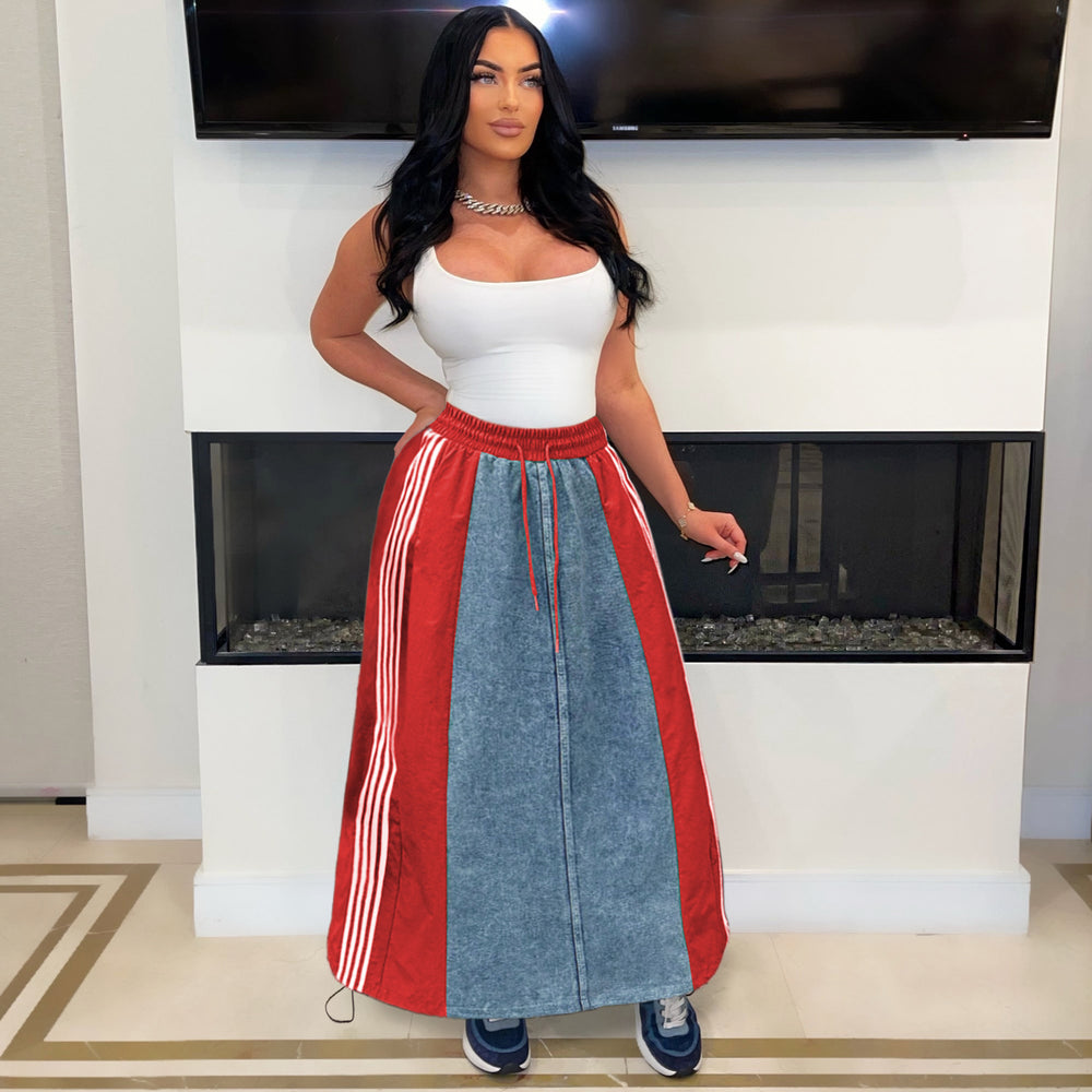 autumn new arrivals: european and american style women's fashion casual striped a-line loose denim color block midi skirt