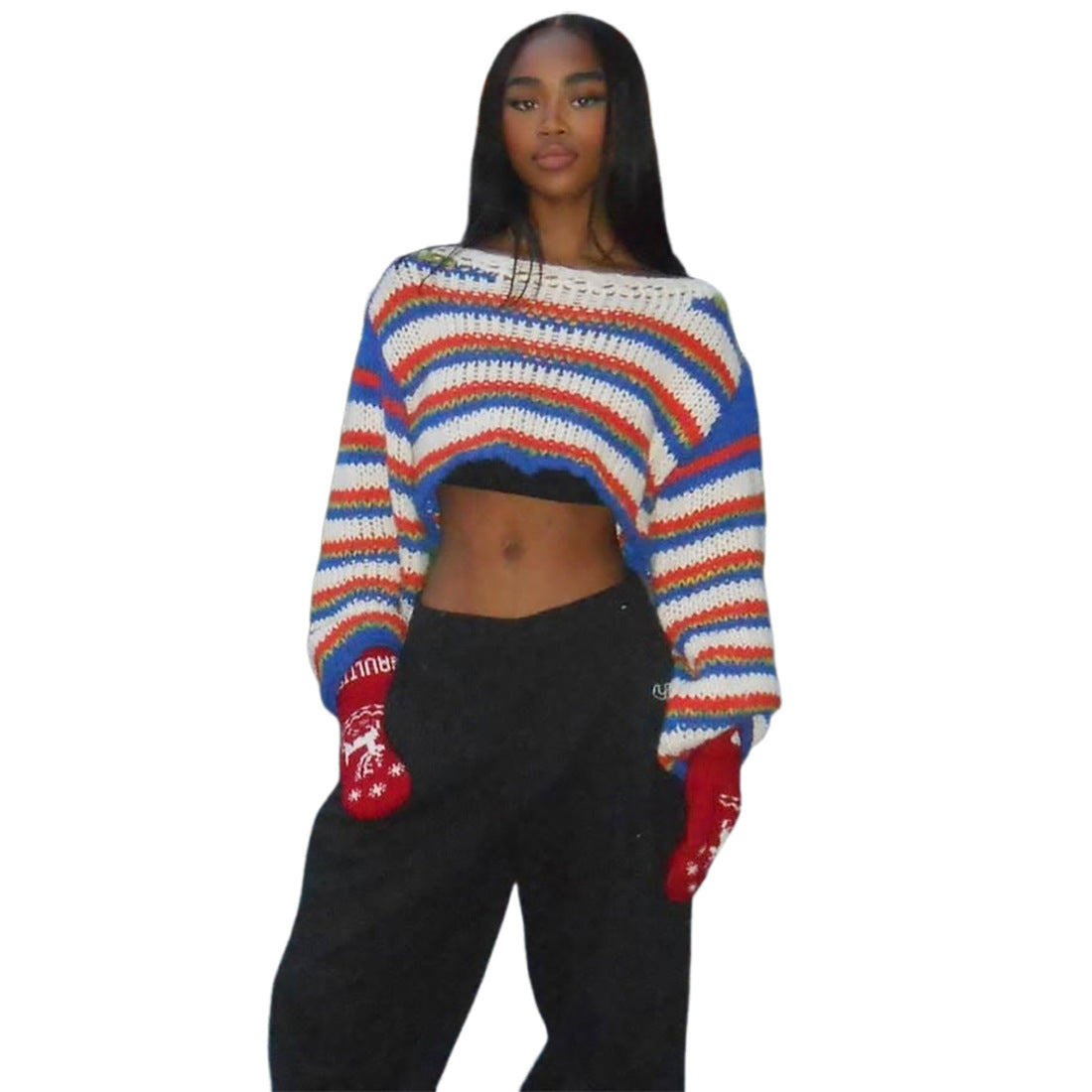 Europe and the United States  2025 autumn women's clothing casual fashion personalized blue splicing long-sleeved open-button pullover knitted sweater