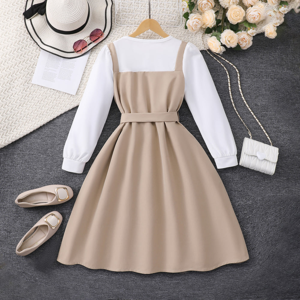 Girls' dress (sizes for mid-to-large children), double-breasted, cinched waist, faux two-piece, long sleeve dress
