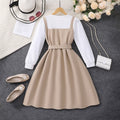 Girls' dress (sizes for mid-to-large children), double-breasted, cinched waist, faux two-piece, long sleeve dress