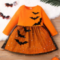 European and american style children's autumn new halloween girls' cute holiday long-sleeved bat mesh dress - trendy