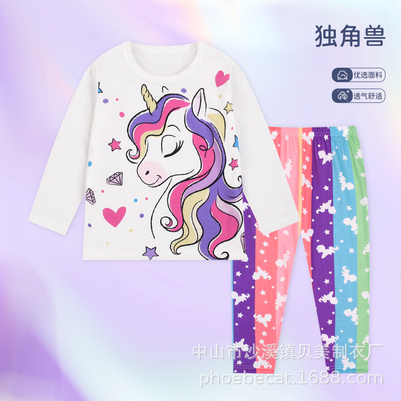 Flame-retardant kids home wear suitgirl youth air-conditioning autumn clothes and long trousers thin close-fitting source factory wholesale