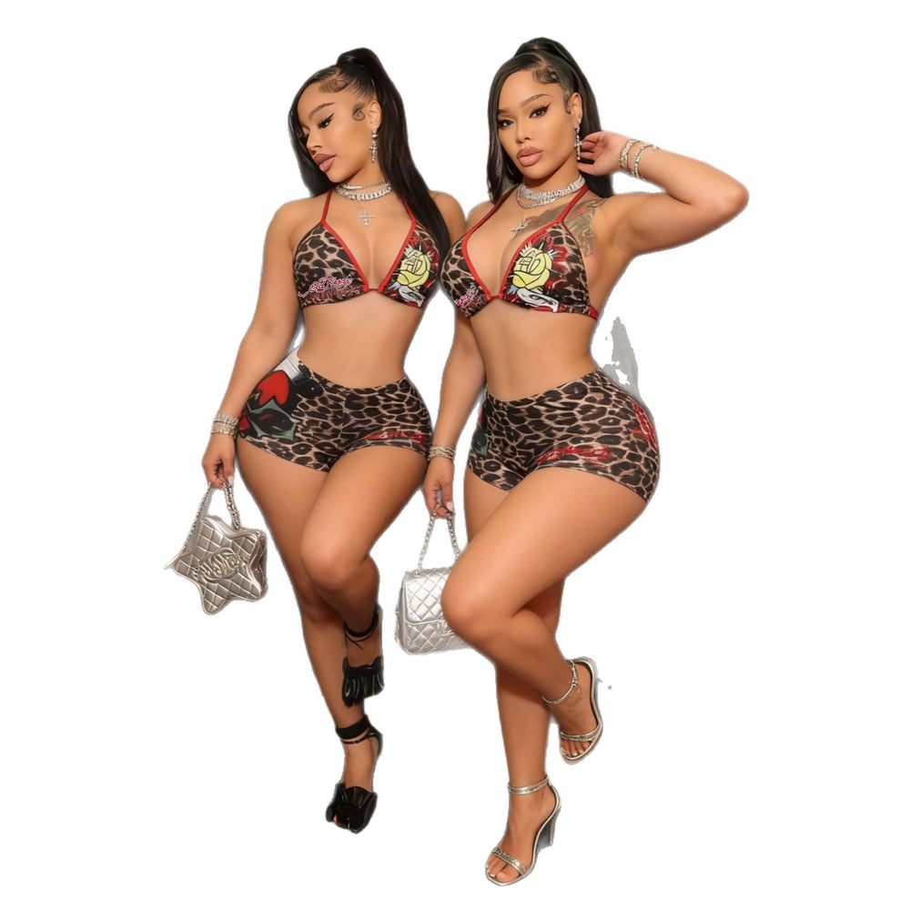 Amazon fashion cross-border leopard print rose halter sexy swimsuit two-piece set hot girl nightclub style shorts suit