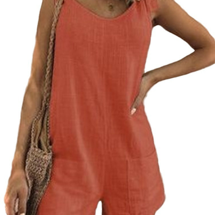 summer   hot-selling solid color cotton linen patch pocket fashion jumpsuit