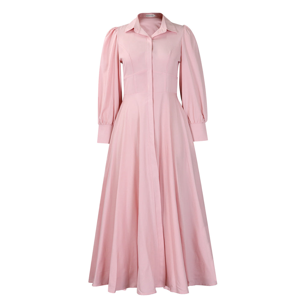 D570 cross-border women's elegant long-sleeve a-line shirt dress - stylish solid color mid-length african dress