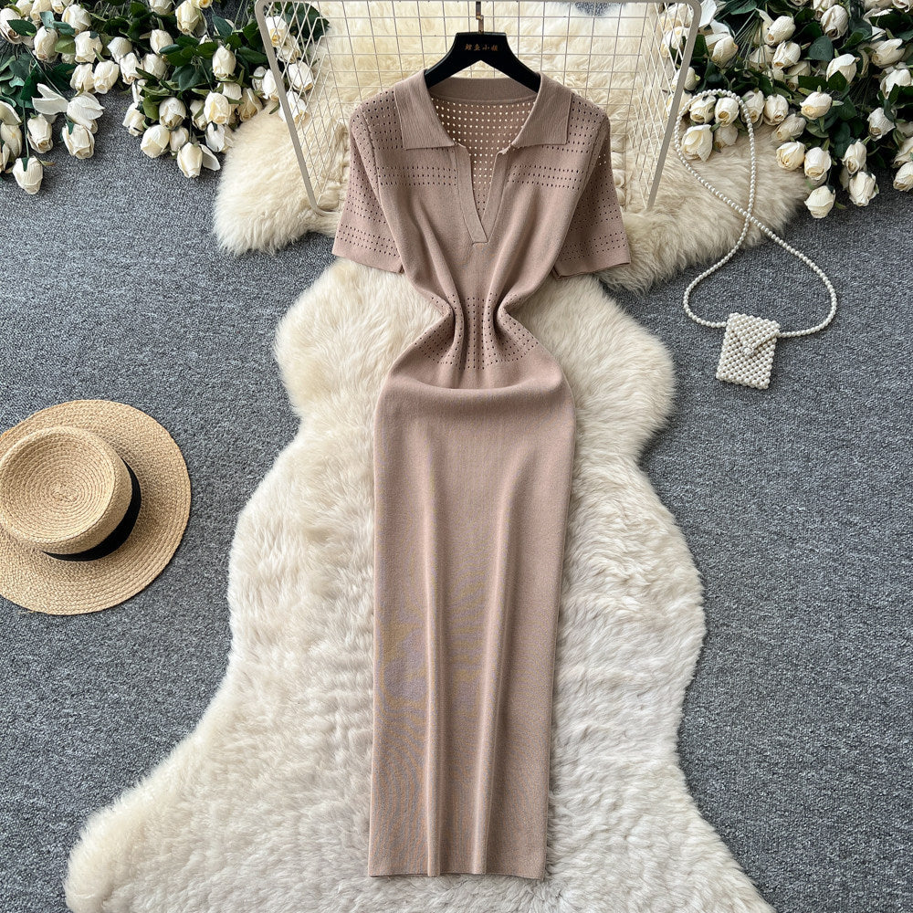 Korean style commute-ready knitted bodycon dress - women's summer short sleeve slimming a-line maxi dress - sophisticated & elegant