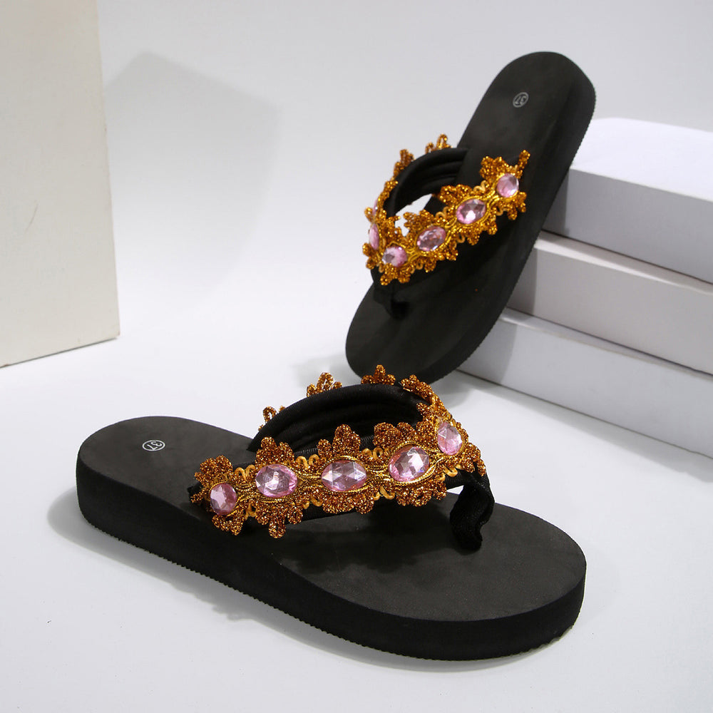 2025 new fashion bohemian rhinestone flip-flops - beach sandals with chunky sole and ethnic design